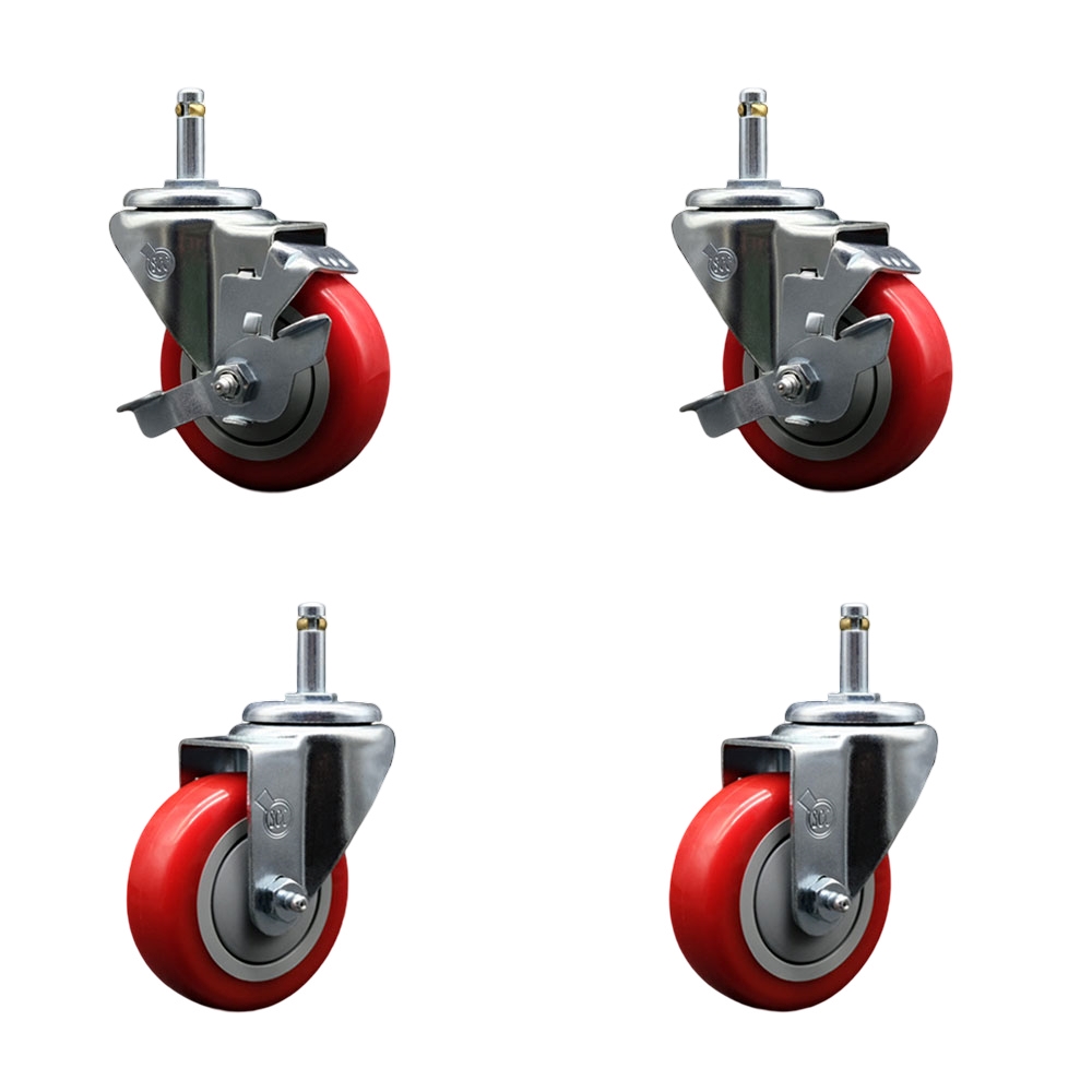 Polyurethane Swivel Grip Ring Stem Caster Set of 4 w/3.5" x 1.25"  Red Wheels and 7/16" Stems - Includes 2 with Top Locking Brake - 1200 lbs Total Capacity - Service Caster Brand — photo 1