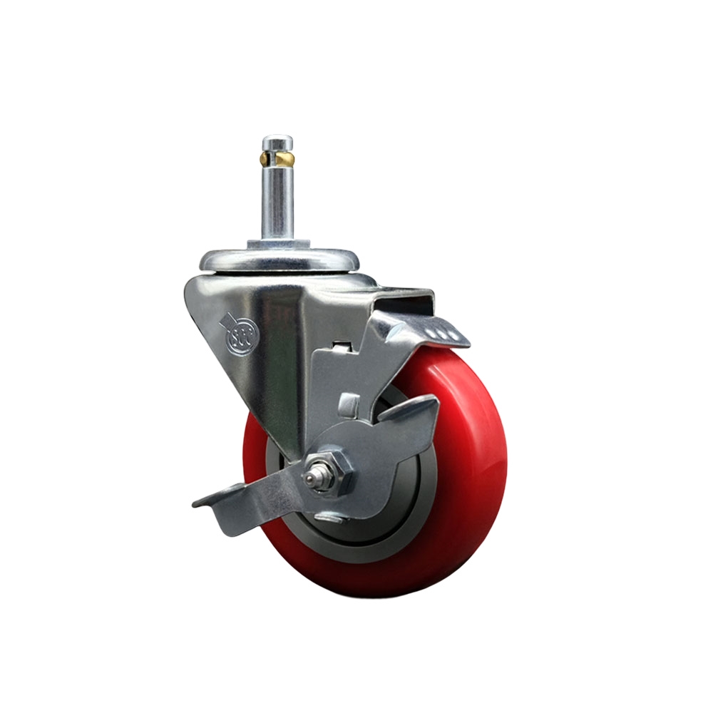 Polyurethane Swivel Grip Ring Stem Caster w/3.5" x 1.25"  Red Wheel and 7/16" Stem & Top Locking Brake - 300 lbs Capacity/Caster - Service Caster Brand — photo 1
