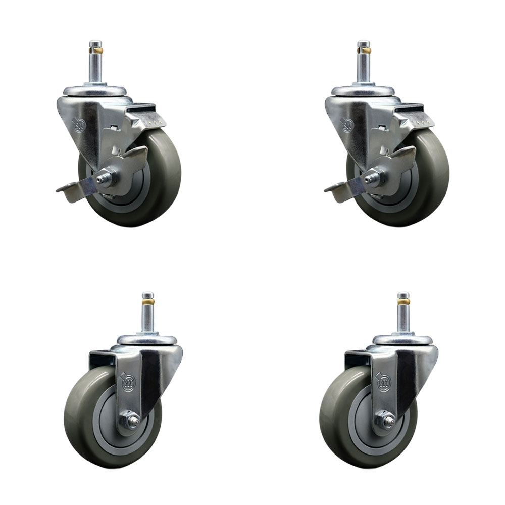 Polyurethane Swivel Grip Ring Stem Caster Set of 4 w/3.5" x 1.25"  Gray Wheels and 7/16" Stems - Includes 2 with Top Locking Brake - 1200 lbs Total Capacity - Service Caster Brand — photo 1