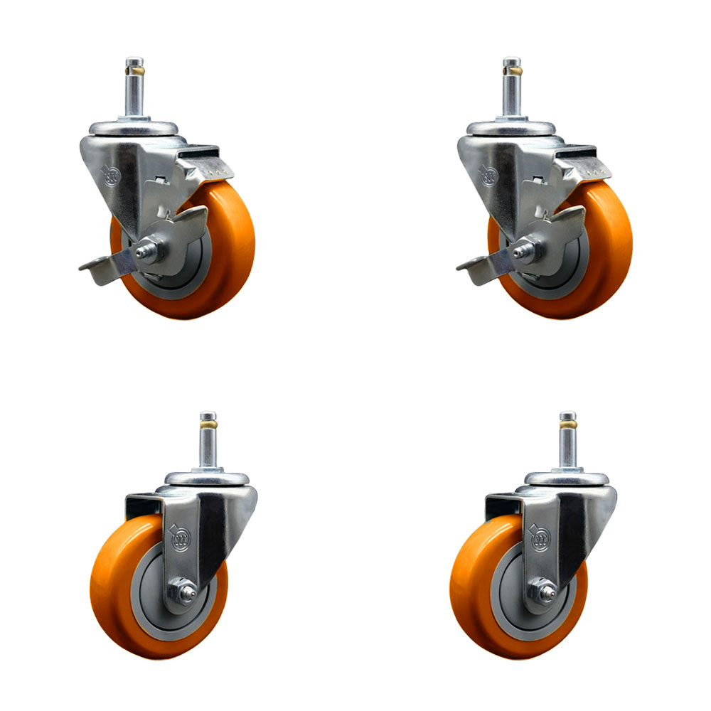 Polyurethane Swivel Grip Ring Stem Caster Set of 4 w/3.5" x 1.25"  Orange Wheels and 7/16" Stems - Includes 2 with Top Locking Brake - 1200 lbs Total Capacity - Service Caster Brand — photo 1