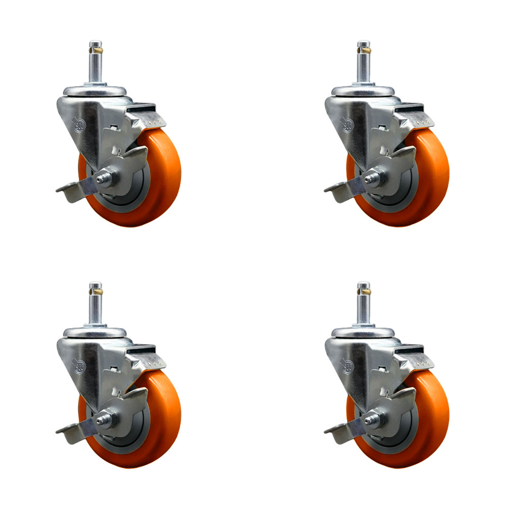 Polyurethane Swivel Grip Ring Stem Caster Set of 4 w/3.5" x 1.25" Orange Wheels and 7/16" Stems - Includes 4 with Top Lock Brakes - 1200 lbs Total Capacity - Service Caster Brand — photo 1