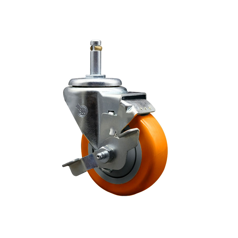 Polyurethane Swivel Grip Ring Stem Caster w/3.5" x 1.25"  Orange Wheel and 7/16" Stem & Top Locking Brake - 300 lbs Capacity/Caster - Service Caster Brand — photo 1