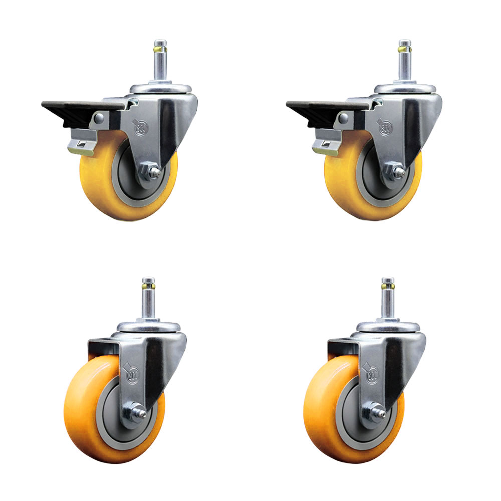 Polyurethane Swivel Grip Ring Stem Caster Set of 4 w/3.5" x 1.25"  Yellow Wheels and 7/16" Stems - Includes 2 with Posi Locking Brake - 1200 lbs Total Capacity - Service Caster Brand — photo 1