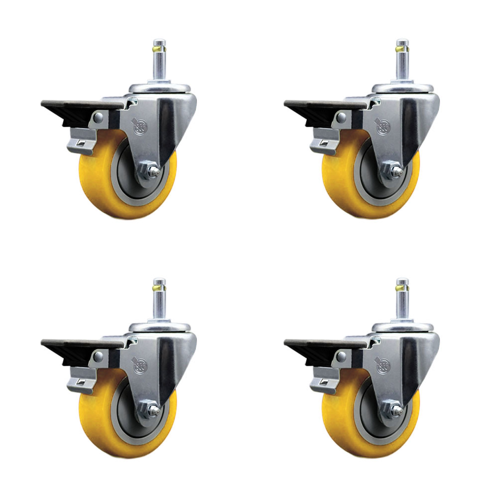 Polyurethane Swivel Grip Ring Stem Caster Set of 4 w/3.5" x 1.25" Yellow Wheels and 7/16" Stems - Includes 4 with Posi Lock Brakes - 1200 lbs Total Capacity - Service Caster Brand — photo 1