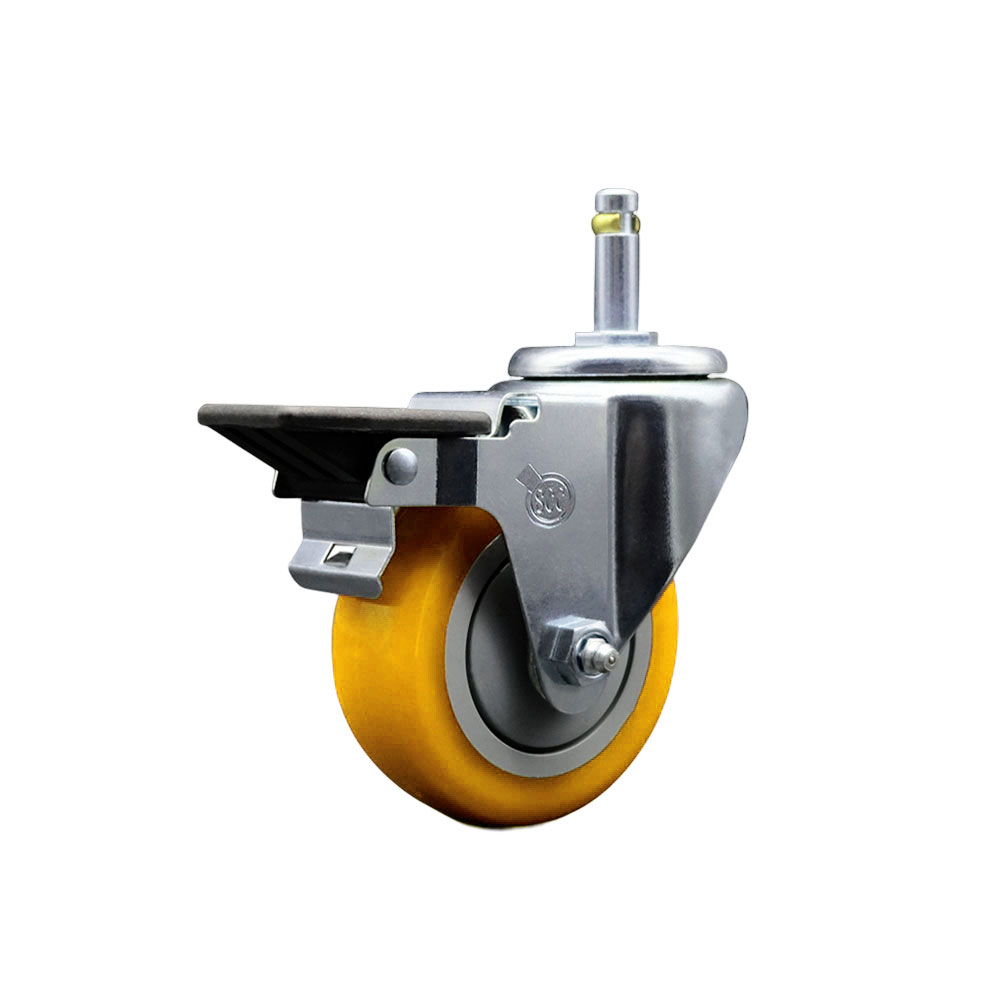 Polyurethane Swivel Grip Ring Stem Caster w/3.5" x 1.25"  Yellow Wheel and 7/16" Stem & Posi Locking Brake - 300 lbs Capacity/Caster - Service Caster Brand — photo 1