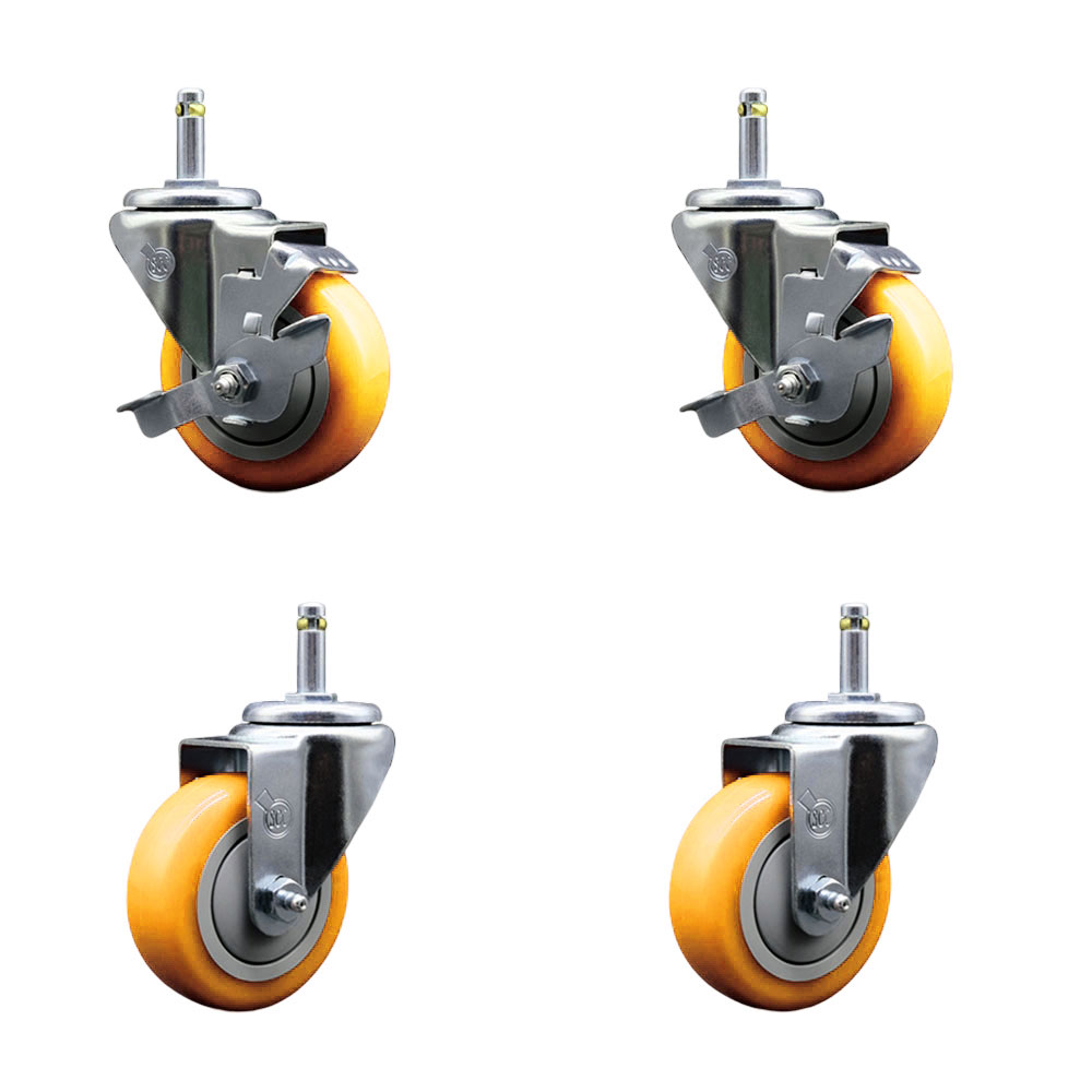 Polyurethane Swivel Grip Ring Stem Caster Set of 4 w/3.5" x 1.25"  Yellow Wheels and 7/16" Stems - Includes 2 with Top Locking Brake - 1200 lbs Total Capacity - Service Caster Brand — photo 1