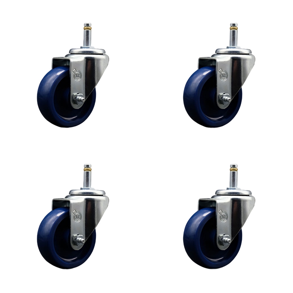 Solid Polyurethane Swivel Grip Ring Stem Caster Set of 4 w/3.5" x 1.25" Blue Wheels and 7/16" Stems - Includes 4 Swivel - 1200 lbs Total Capacity - Service Caster Brand — photo 1