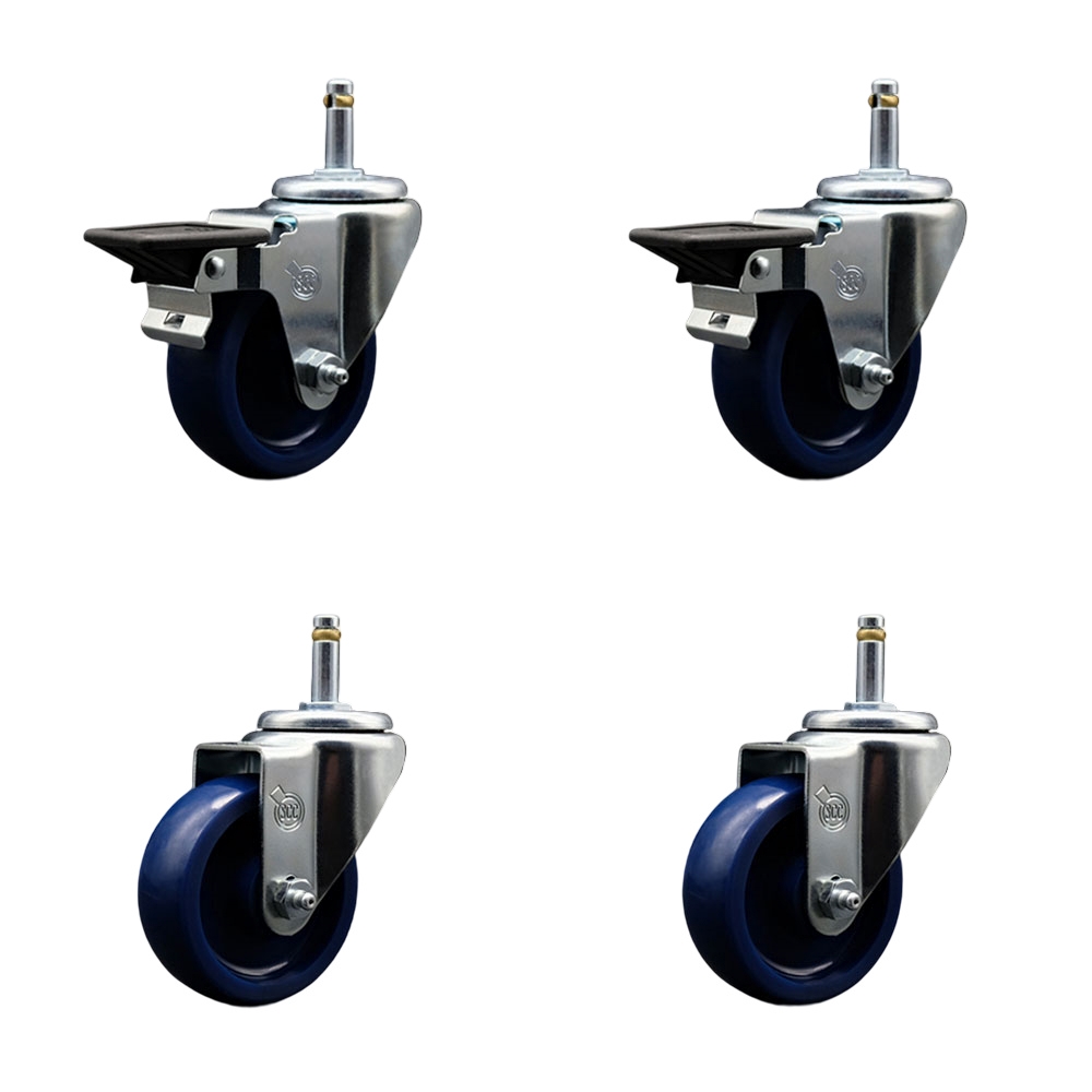 Solid Polyurethane Swivel Grip Ring Stem Caster Set of 4 w/3.5" x 1.25" Blue Wheels and 7/16" Stems - Includes 2 with Posi Locking Brake - 1200 lbs Total Capacity - Service Caster Brand — photo 1