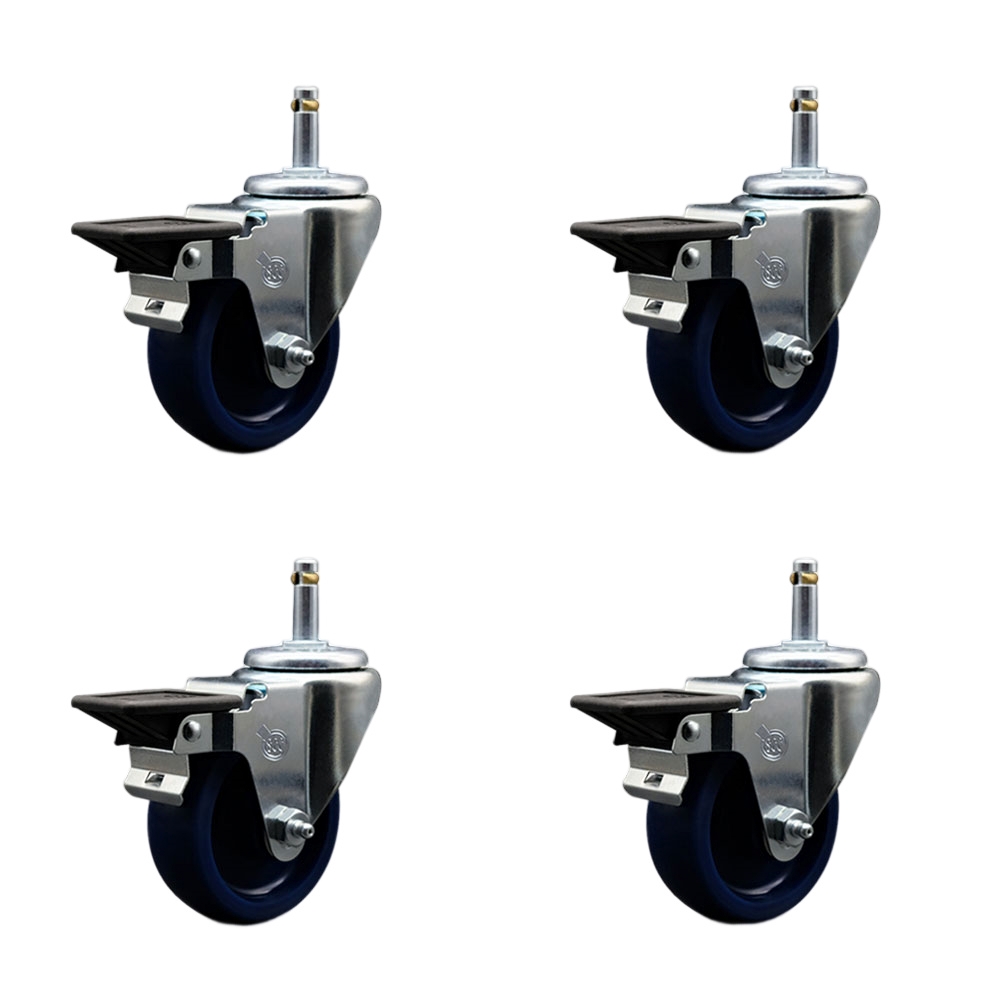 Solid Polyurethane Swivel Grip Ring Stem Caster Set of 4 w/3.5" x 1.25" Blue Wheels and 7/16" Stems - Includes 4 with Posi Lock Brakes - 1200 lbs Total Capacity - Service Caster Brand — photo 1