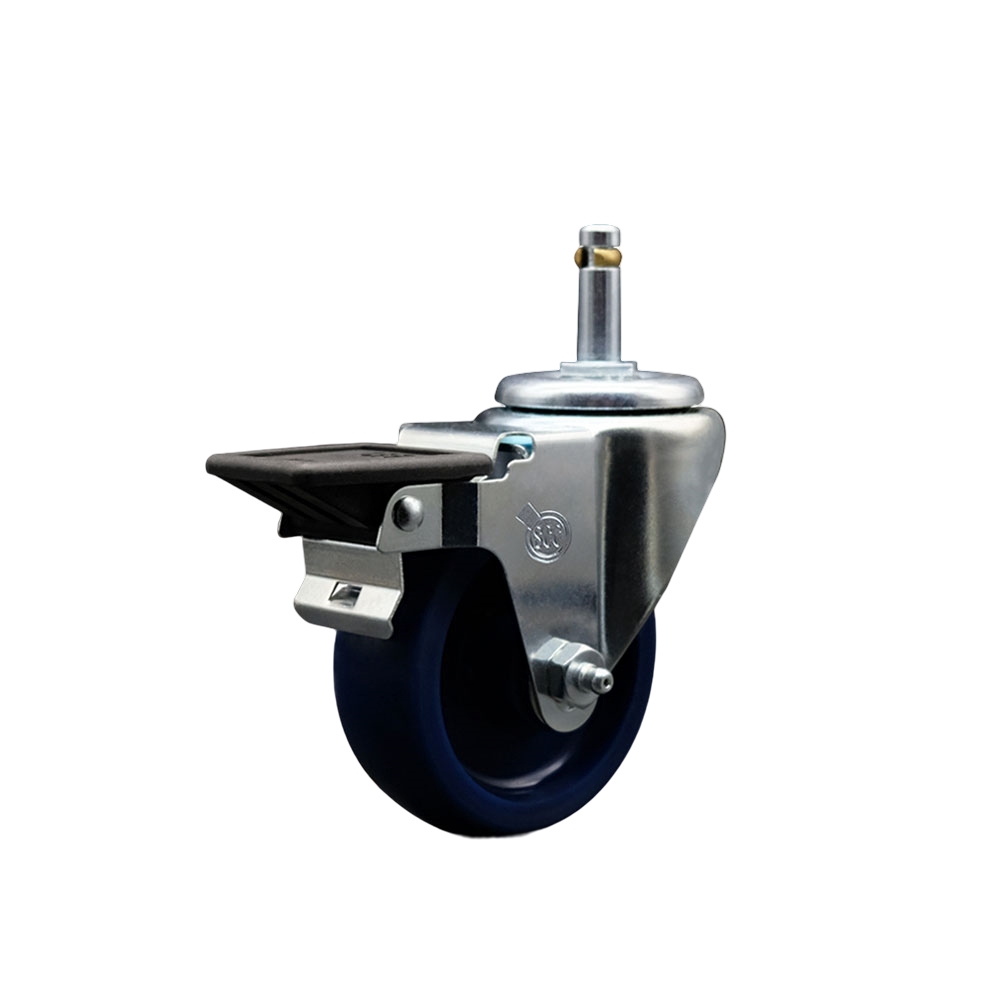 Solid Polyurethane Swivel Grip Ring Stem Caster w/3.5" x 1.25" Blue Wheel and 7/16" Stem & Posi Locking Brake - 300 lbs Capacity/Caster - Service Caster Brand — photo 1