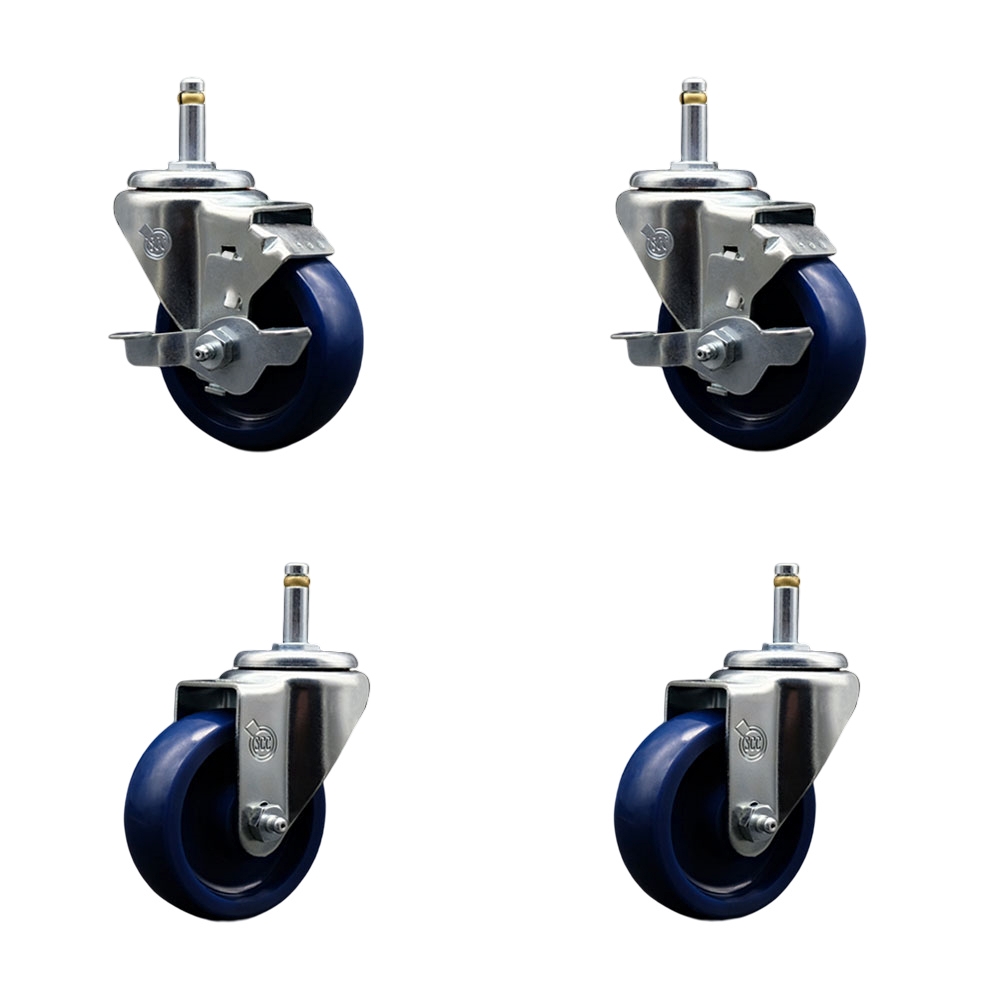 Solid Polyurethane Swivel Grip Ring Stem Caster Set of 4 w/3.5" x 1.25" Blue Wheels and 7/16" Stems - Includes 2 with Top Locking Brake - 1200 lbs Total Capacity - Service Caster Brand — photo 1