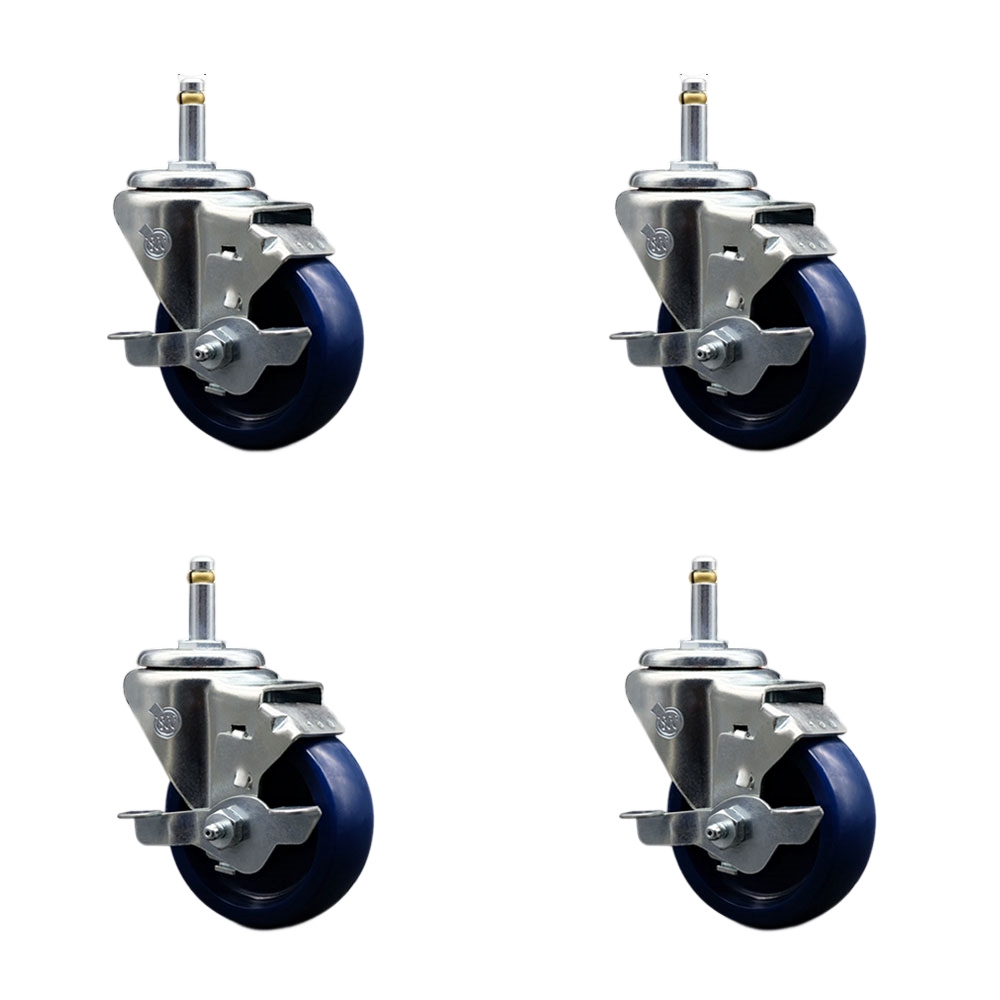 Solid Polyurethane Swivel Grip Ring Stem Caster Set of 4 w/3.5" x 1.25" Blue Wheels and 7/16" Stems - Includes 4 with Top Lock Brakes - 1200 lbs Total Capacity - Service Caster Brand — photo 1