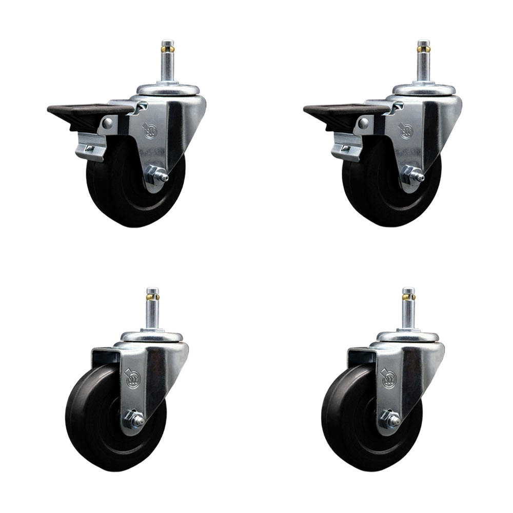Soft Rubber Swivel Grip Ring Stem Caster Set of 4 w/3.5" x 1.25" Black Wheels and 7/16" Stems - Includes 2 with Posi Locking Brake - 800 lbs Total Capacity - Service Caster Brand — photo 1