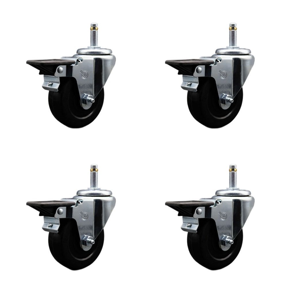 Soft Rubber Swivel Grip Ring Stem Caster Set of 4 w/3.5" x 1.25" Black Wheels and 7/16" Stems - Includes 4 with Posi Lock Brakes - 800 lbs Total Capacity - Service Caster Brand — photo 1