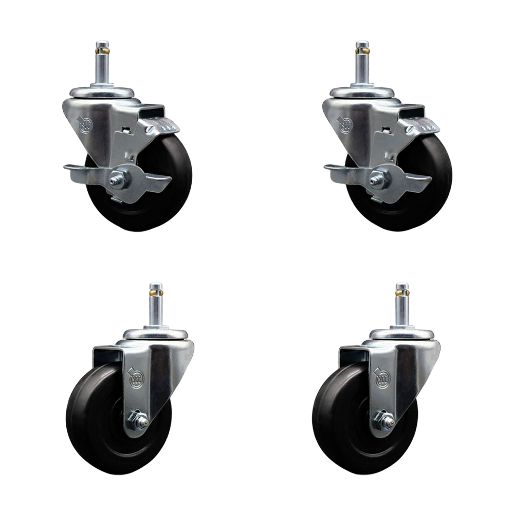 Soft Rubber Swivel Grip Ring Stem Caster Set of 4 w/3.5" x 1.25" Black Wheels and 7/16" Stems - Includes 2 with Top Locking Brake - 800 lbs Total Capacity - Service Caster Brand — photo 1