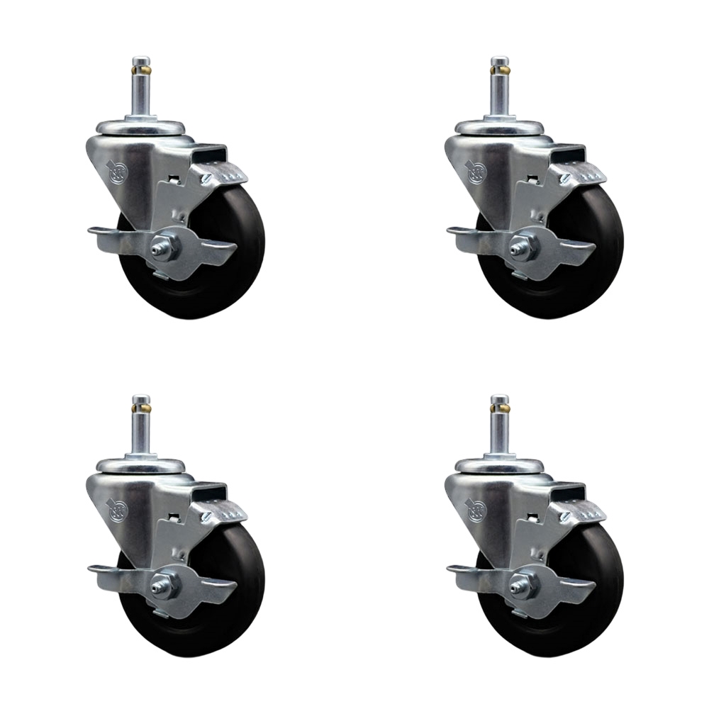 Soft Rubber Swivel Grip Ring Stem Caster Set of 4 w/3.5" x 1.25" Black Wheels and 7/16" Stems - Includes 4 with Top Lock Brakes - 800 lbs Total Capacity - Service Caster Brand — photo 1
