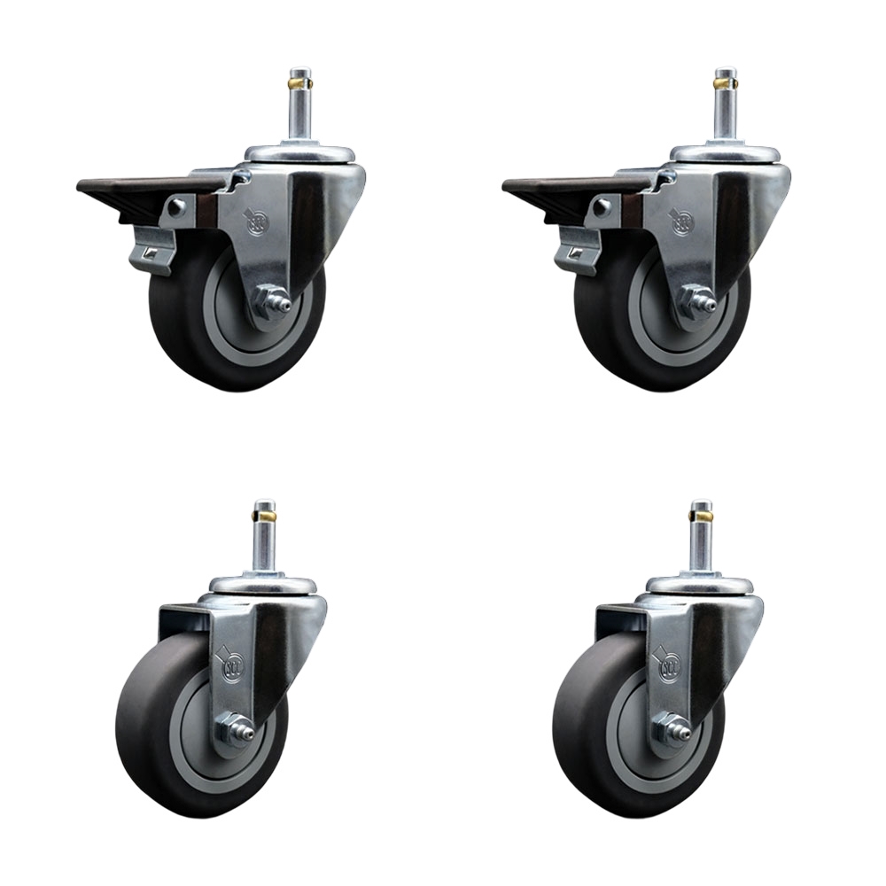 Thermoplastic Rubber Swivel Grip Ring Stem Caster Set of 4 - 3.5" x 1.25" Gray Wheels and 7/16" Stems - Includes 2 with Posi Locking Brake - 920 lbs Total Capacity - Service Caster Brand — photo 1