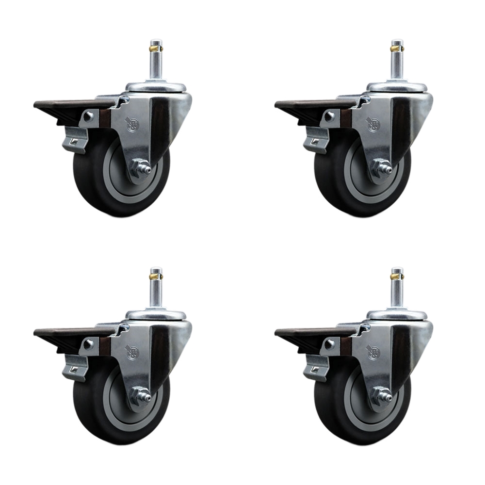 Thermoplastic Rubber Swivel Grip Ring Stem Caster Set of 4 w/3.5" x 1.25" Gray Wheels and 7/16" Stems - Includes 4 with Posi Lock Brakes - 920 lbs Total Capacity - Service Caster Brand — photo 1