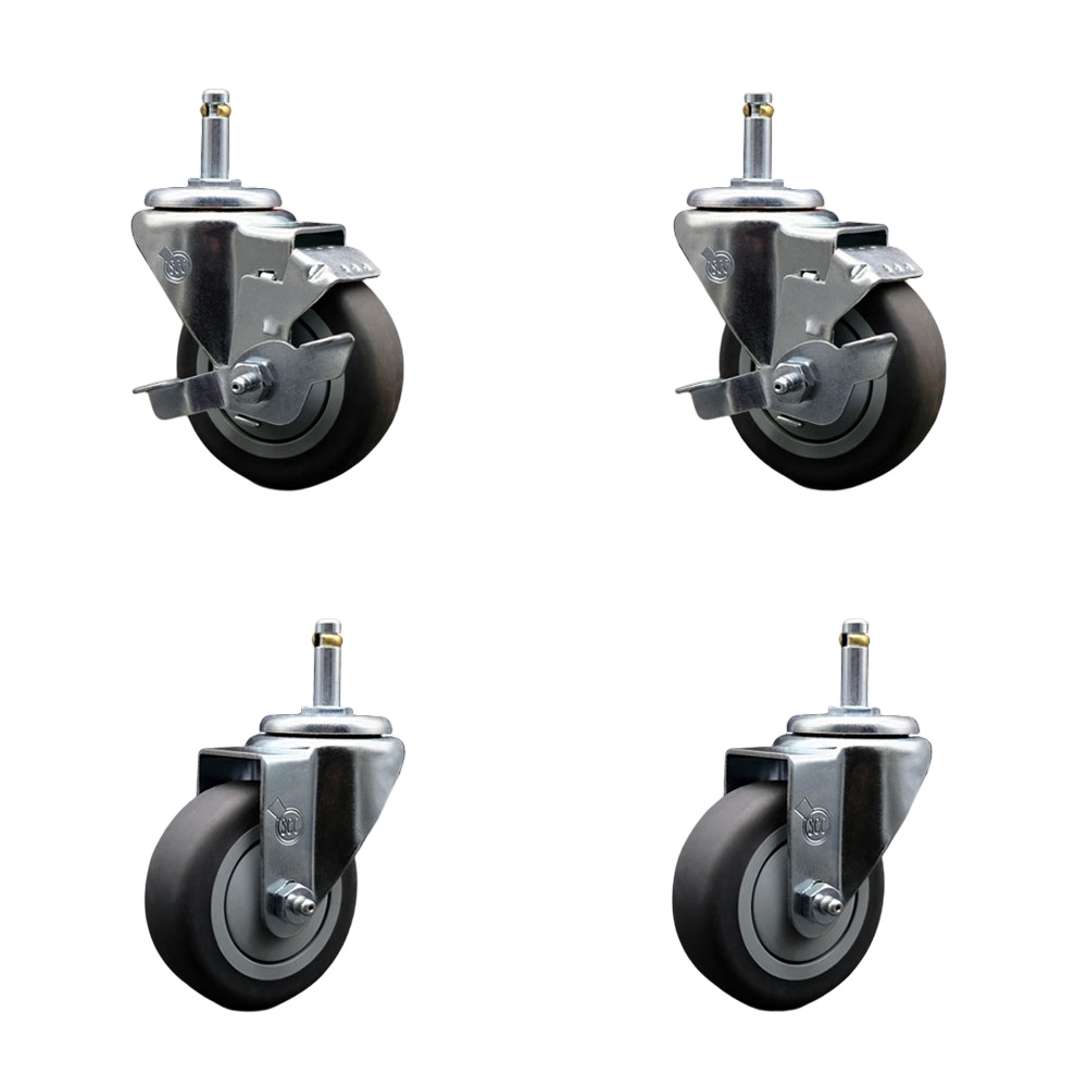 Thermoplastic Rubber Swivel Grip Ring Stem Caster Set of 4 - 3.5" x 1.25" Gray Wheels and 7/16" Stems - Includes 2 with Top Locking Brake - 920 lbs Total Capacity - Service Caster Brand — photo 1