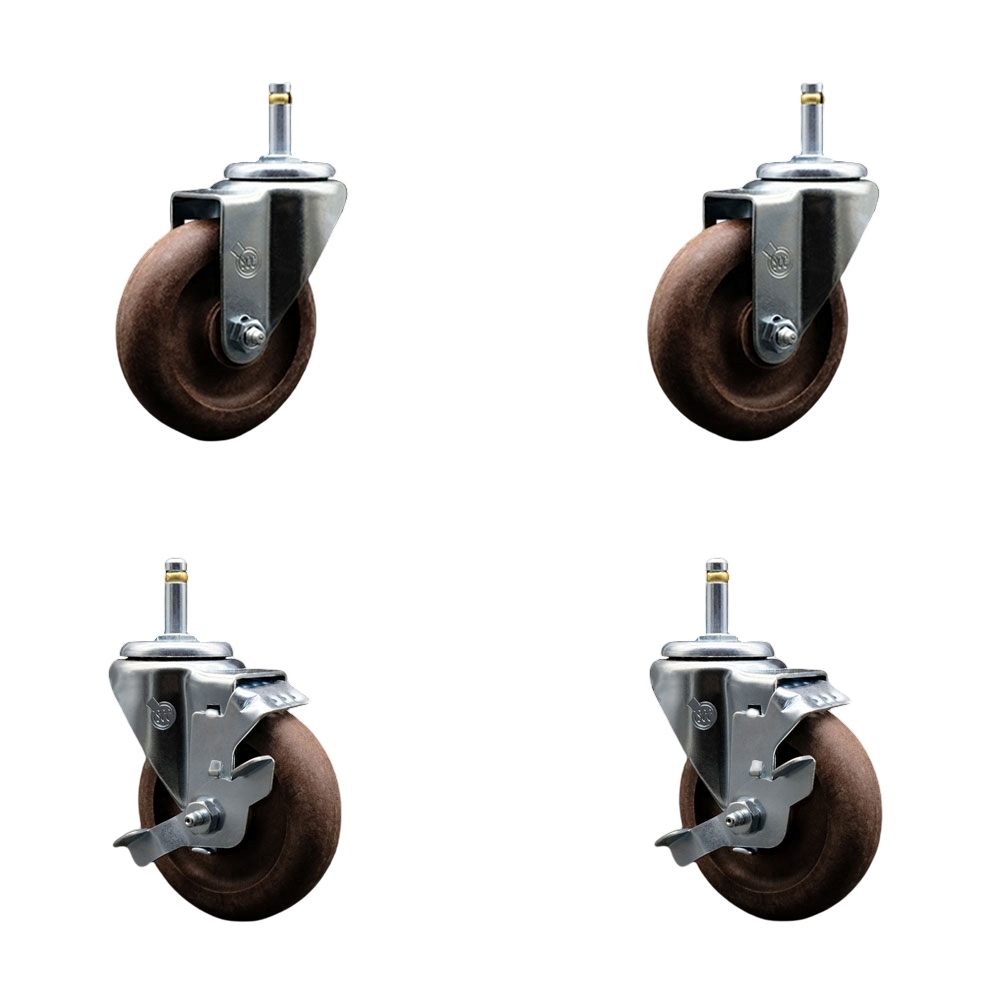 High Temp Glass Filled Nylon Swivel Grip Ring Stem Caster Set of 4 w/4" x 1.25" Brown Wheels and 7/16" Stems - Includes 2 with Top Locking Brake - 1400 lbs Total Capacity - Service Caster Brand — photo 1