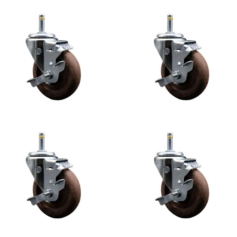 High Temp Glass Filled Nylon Swivel Grip Ring Stem Caster Set of 4 w/4" x 1.25" Brown Wheels and 7/16" Stems - Includes 4 with Top Lock Brakes - 1400 lbs Total Capacity - Service Caster Brand — photo 1