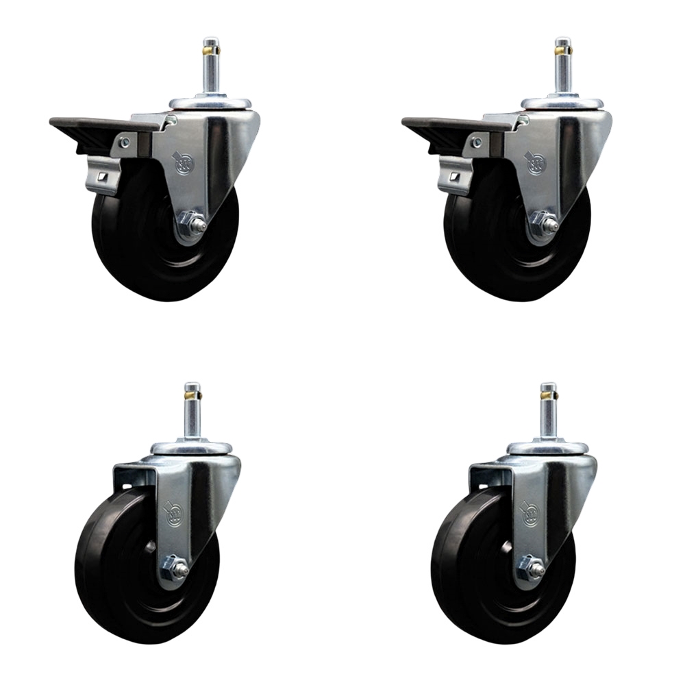 Hard Rubber Swivel Grip Ring Stem Caster Set of 4 w/4" x 1.25" Black Wheels and 7/16" Stems - Includes 2 with Posi Locking Brake - 1200 lbs Total Capacity - Service Caster Brand — photo 1