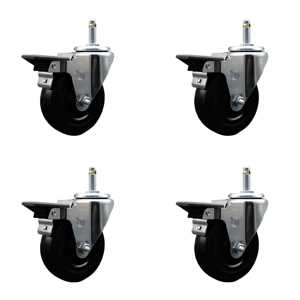 Hard Rubber Swivel Grip Ring Stem Caster Set of 4 w/4" x 1.25" Black Wheels and 7/16" Stems - Includes 4 with Posi Lock Brakes - 1200 lbs Total Capacity - Service Caster Brand — photo 1
