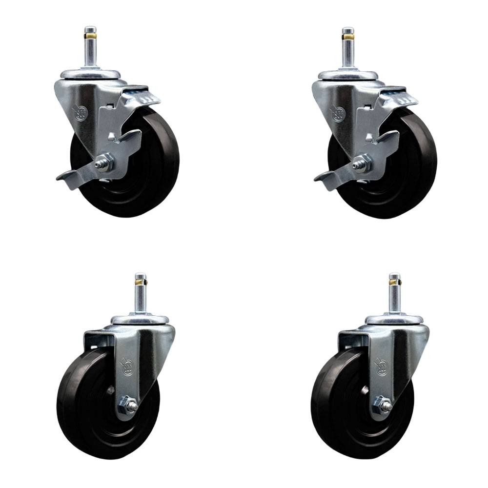 Hard Rubber Swivel Grip Ring Stem Caster Set of 4 w/4" x 1.25" Black Wheels and 7/16" Stems - Includes 2 with Top Locking Brake - 1200 lbs Total Capacity - Service Caster Brand — photo 1