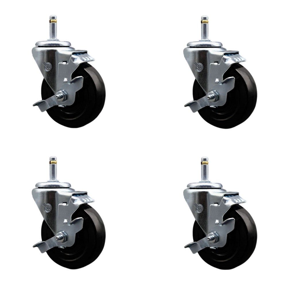 Hard Rubber Swivel Grip Ring Stem Caster Set of 4 w/4" x 1.25" Black Wheels and 7/16" Stems - Includes 4 with Top Lock Brakes - 1200 lbs Total Capacity - Service Caster Brand — photo 1