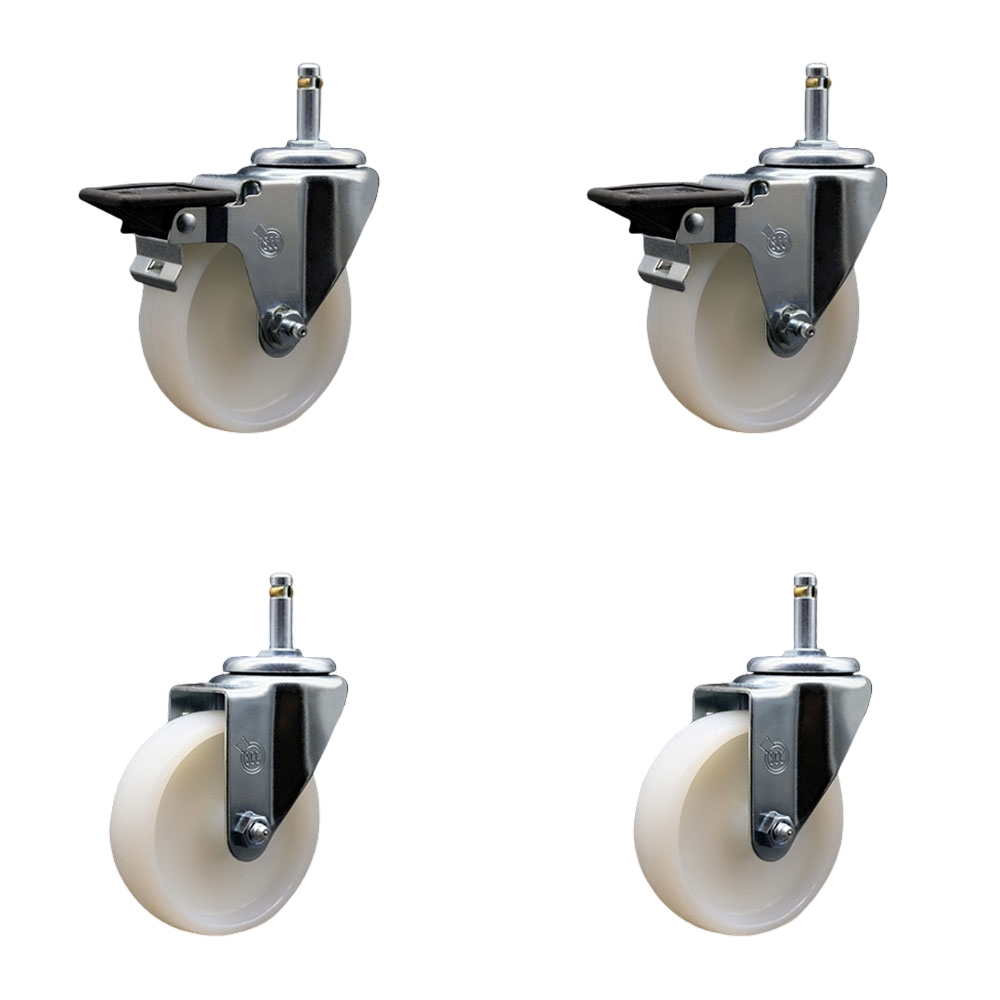 Nylon Swivel Grip Ring Stem Caster Set of 4 w/4" x 1.25" White Wheels and 7/16" Stems - Includes 2 with Posi Locking Brake - 1200 lbs Total Capacity - Service Caster Brand — photo 1