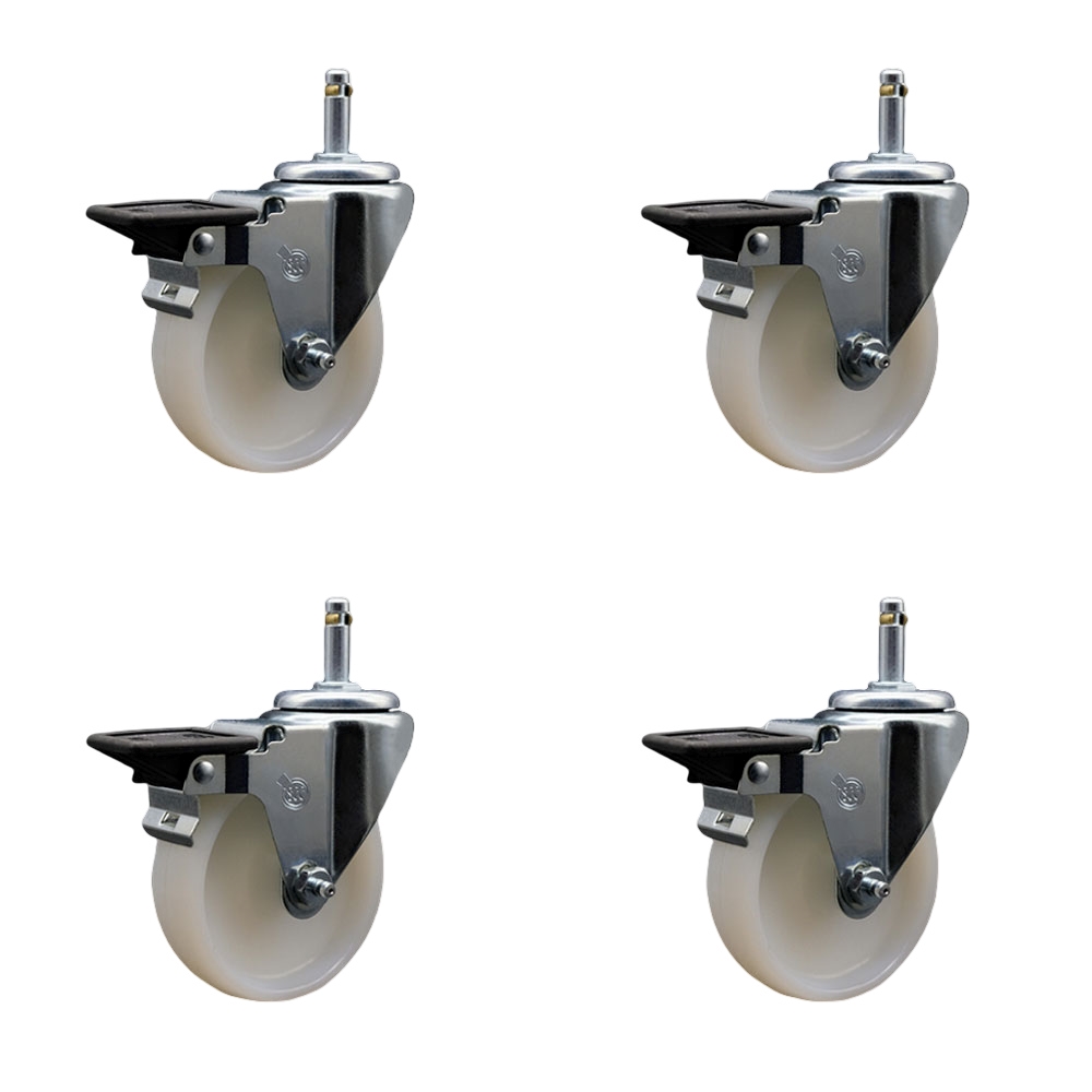Nylon Swivel Grip Ring Stem Caster Set of 4 w/4" x 1.25" White Wheels and 7/16" Stems - Includes 4 with Posi Lock Brakes - 1200 lbs Total Capacity - Service Caster Brand — photo 1