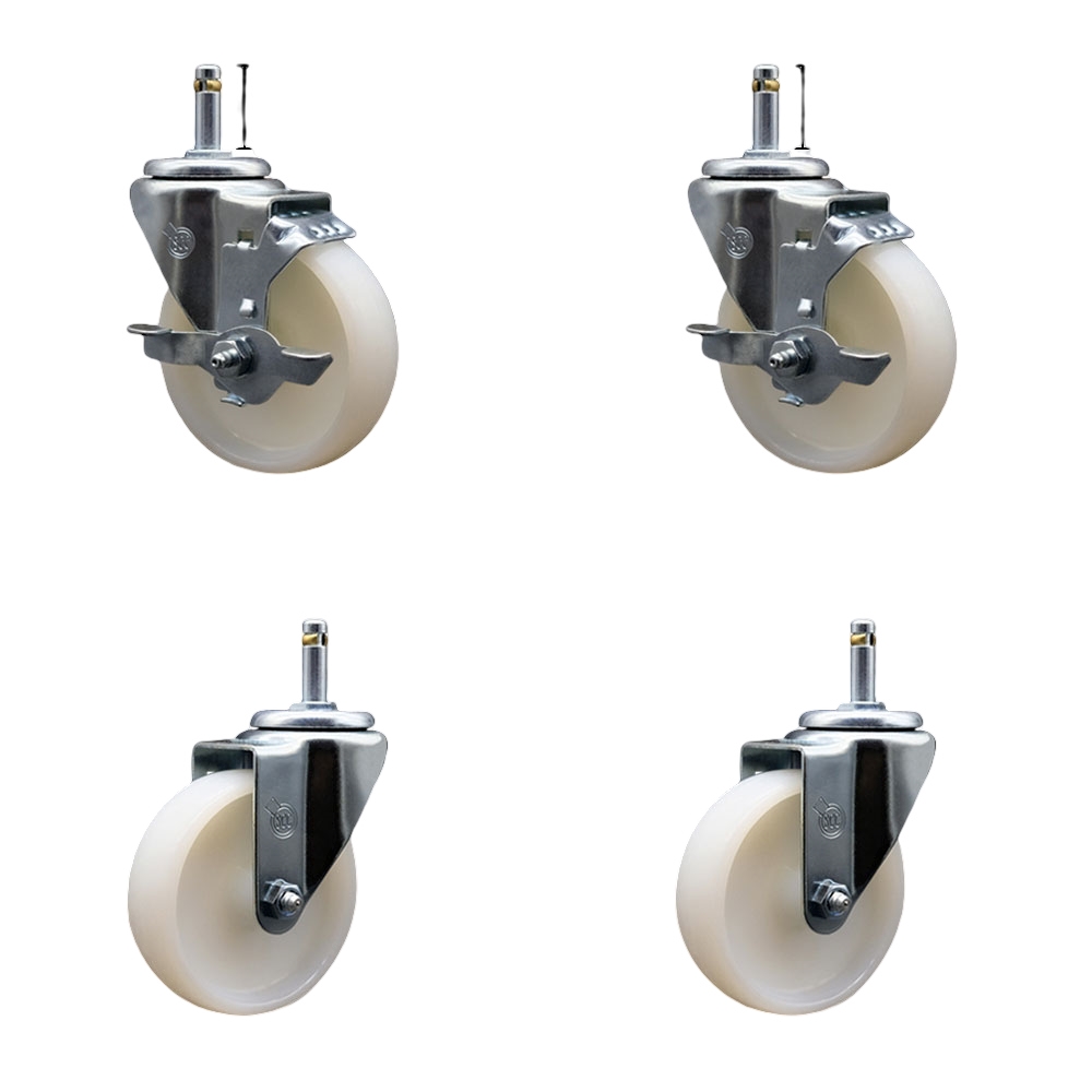 Nylon Swivel Grip Ring Stem Caster Set of 4 w/4" x 1.25" White Wheels and 1/2" Stems - Includes 2 with Top Locking Brake - 1200 lbs Total Capacity - Service Caster Brand — photo 1