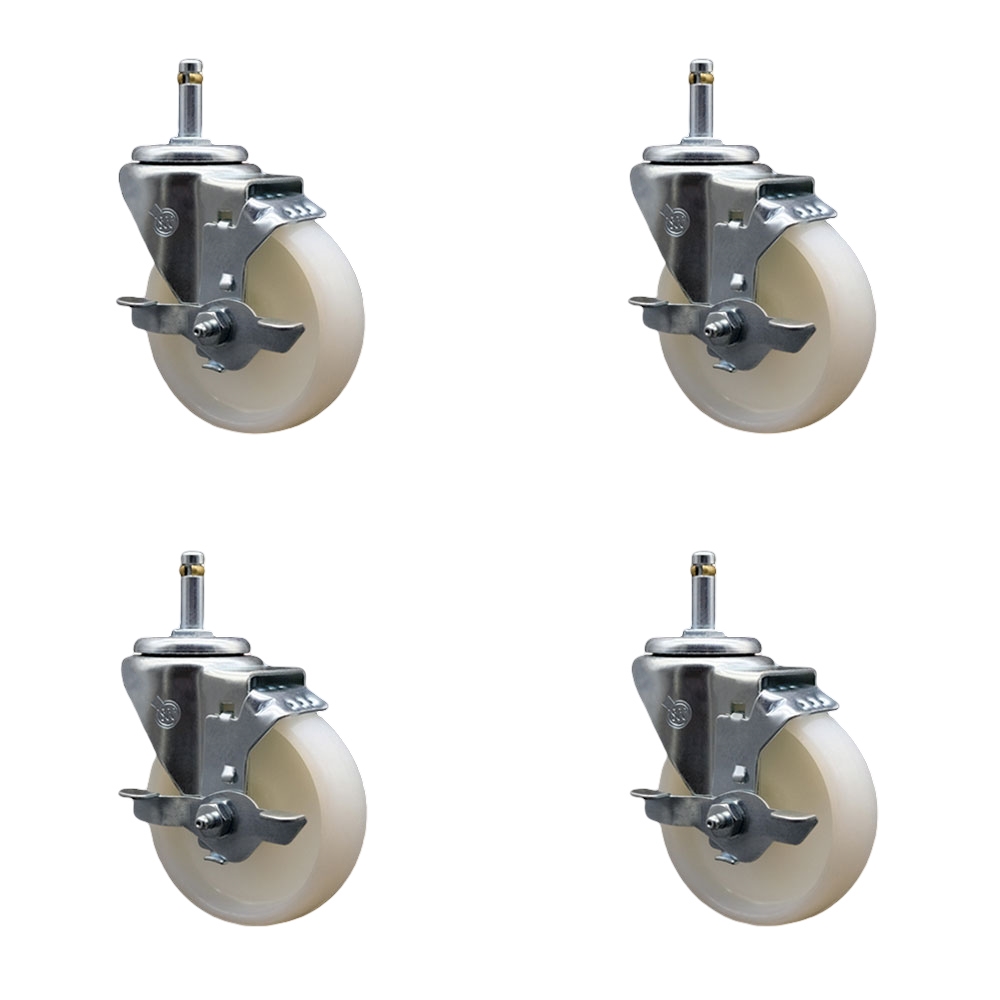 Nylon Swivel Grip Ring Stem Caster Set of 4 w/4" x 1.25" White Wheels and 7/16" Stems - Includes 4 with Top Lock Brakes - 1200 lbs Total Capacity - Service Caster Brand — photo 1