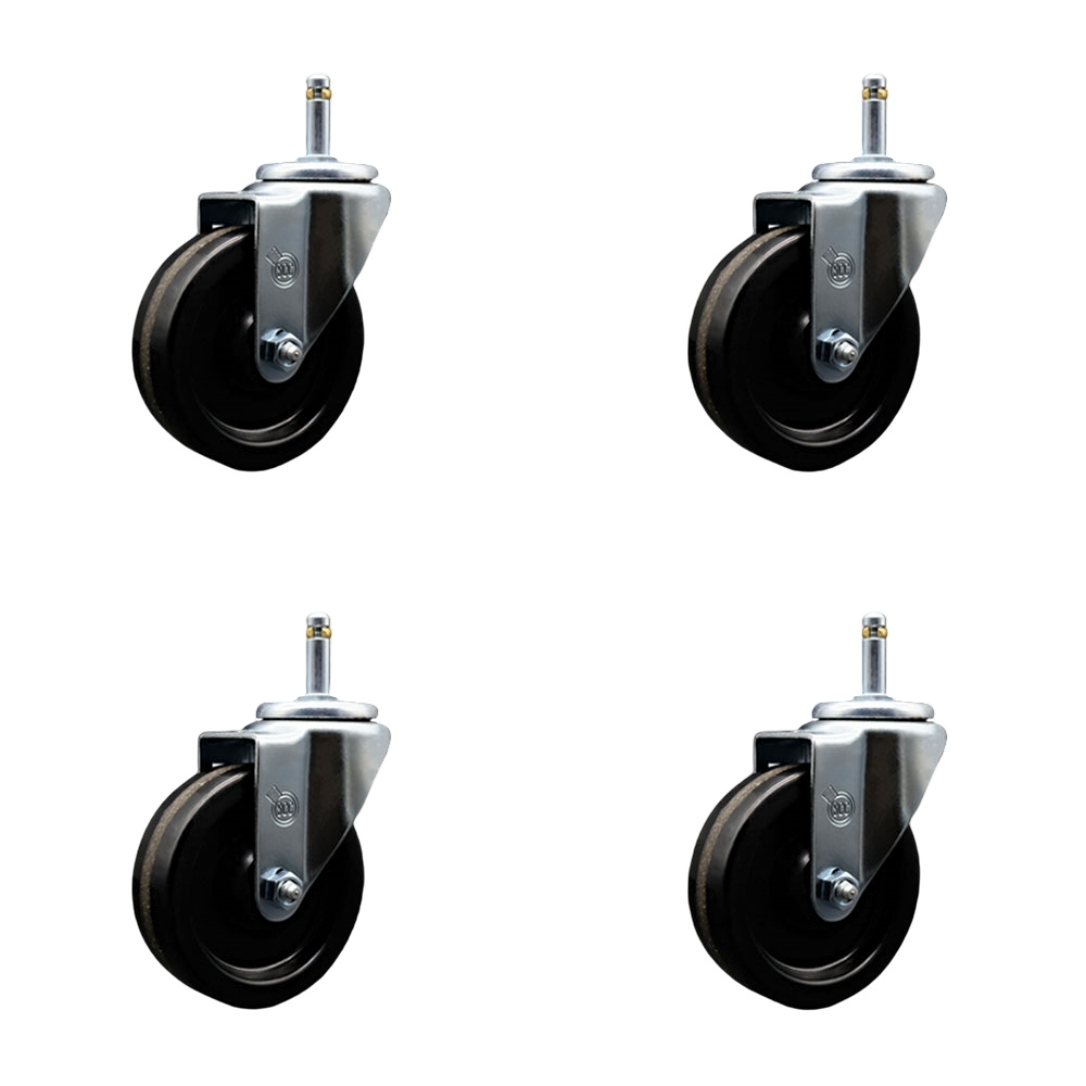 Phenolic Swivel Grip Ring Stem Caster w/Roller Bearing Set of 4 w/4" x 1.25" Black Wheels and 7/16" Stems - Includes 4 Swivel - 1200 lbs Total Capacity - Service Caster Brand — photo 1