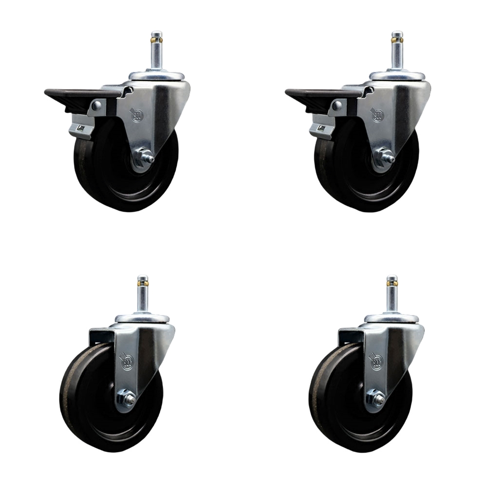 Phenolic Swivel Grip Ring Stem Caster Set of 4 - 4" x 1.25" Black Wheels and 7/16" Stems - Includes 2 with Posi Locking Brake - 1200 lbs Total Capacity - Service Caster Brand — photo 1