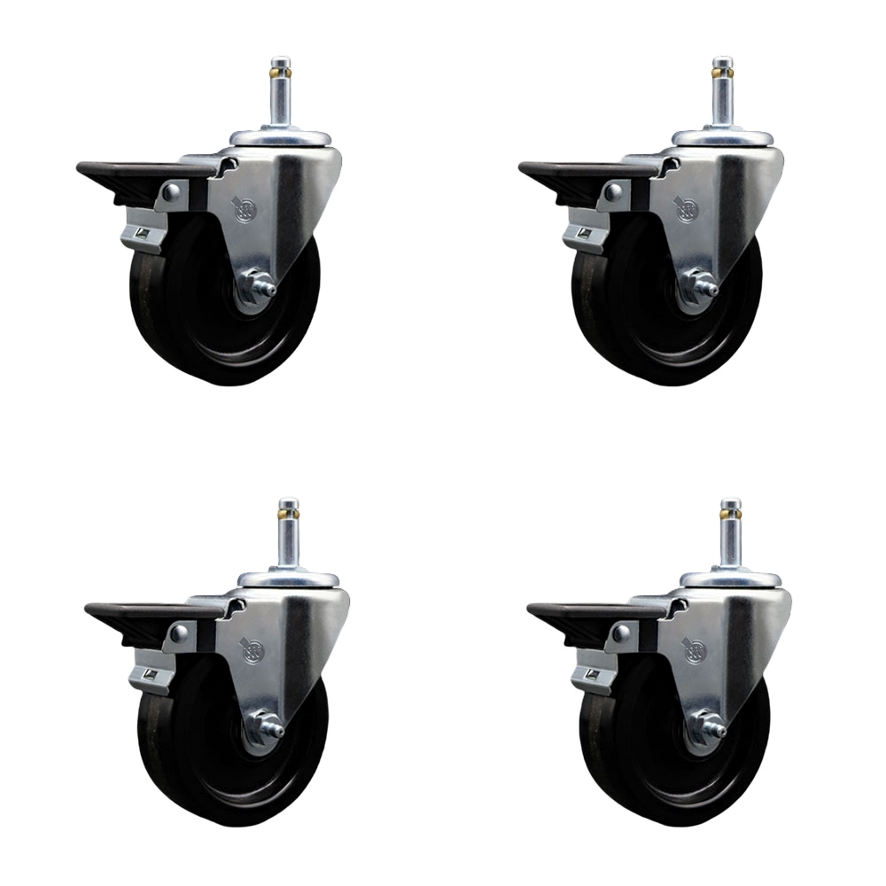 Phenolic Swivel Grip Ring Stem Caster w/Roller Bearing Set of 4 w/4" x 1.25" Black Wheels and 7/16" Stems - Includes 4 with Posi Lock Brakes - 1200 lbs Total Capacity - Service Caster Brand — photo 1