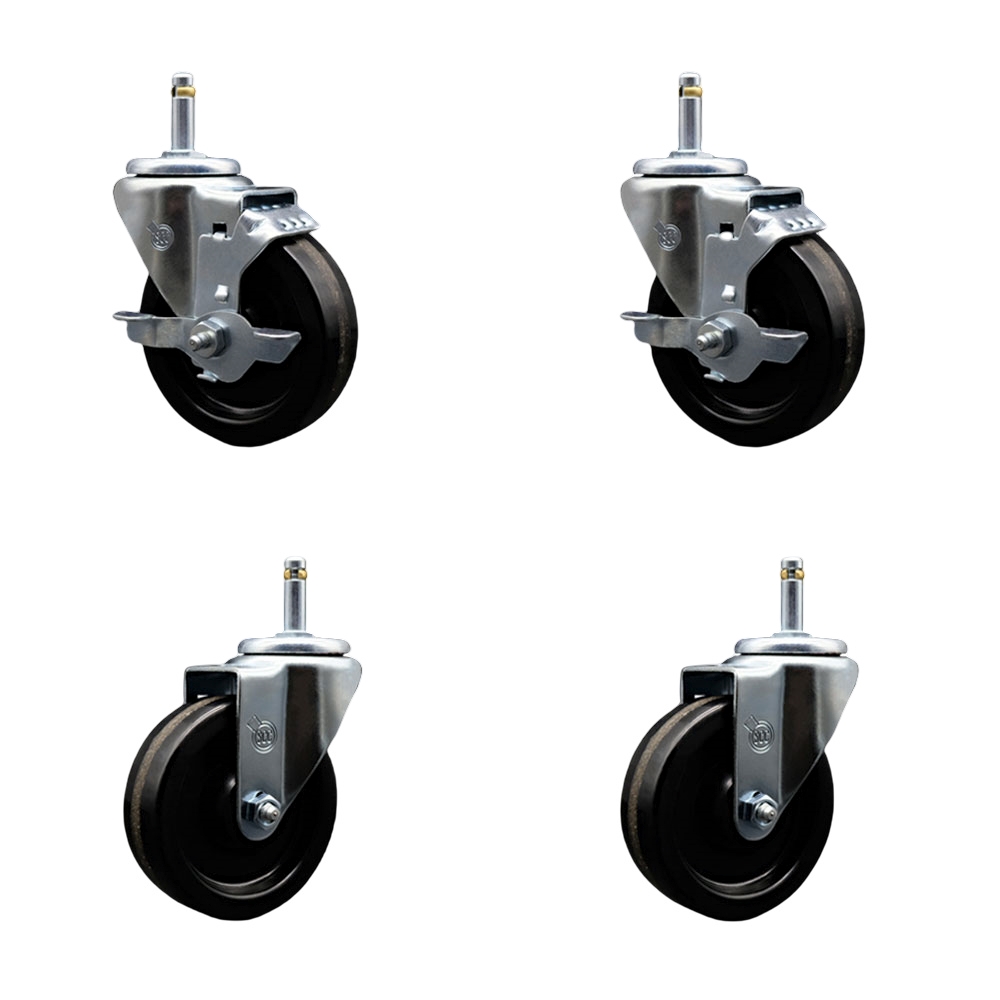 Phenolic Swivel Grip Ring Stem Caster Set of 4 w/Roller Bearing - 4" x 1.25" Black Wheels and 7/16" Stems - Includes 2 with Top Locking Brake - 1200 lbs Total Capacity - Service Caster Brand — photo 1