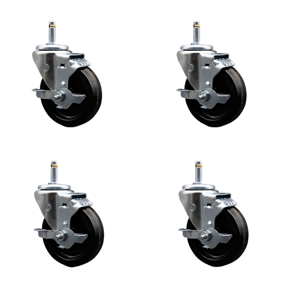 Phenolic Swivel Grip Ring Stem Caster w/Roller Bearing Set of 4 w/4" x 1.25" Black Wheels and 7/16" Stems - Includes 4 with Top Lock Brakes - 1200 lbs Total Capacity - Service Caster Brand — photo 1