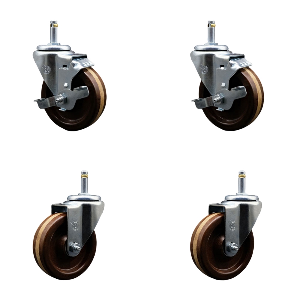 High Temperature Phenolic Swivel Grip Ring Stem Caster Set of 4 - 4" x 1.25" Brown Wheels and 7/16" Stems - Includes 2 with Top Locking Brake - 1200 lbs Total Capacity - Service Caster Brand — photo 1