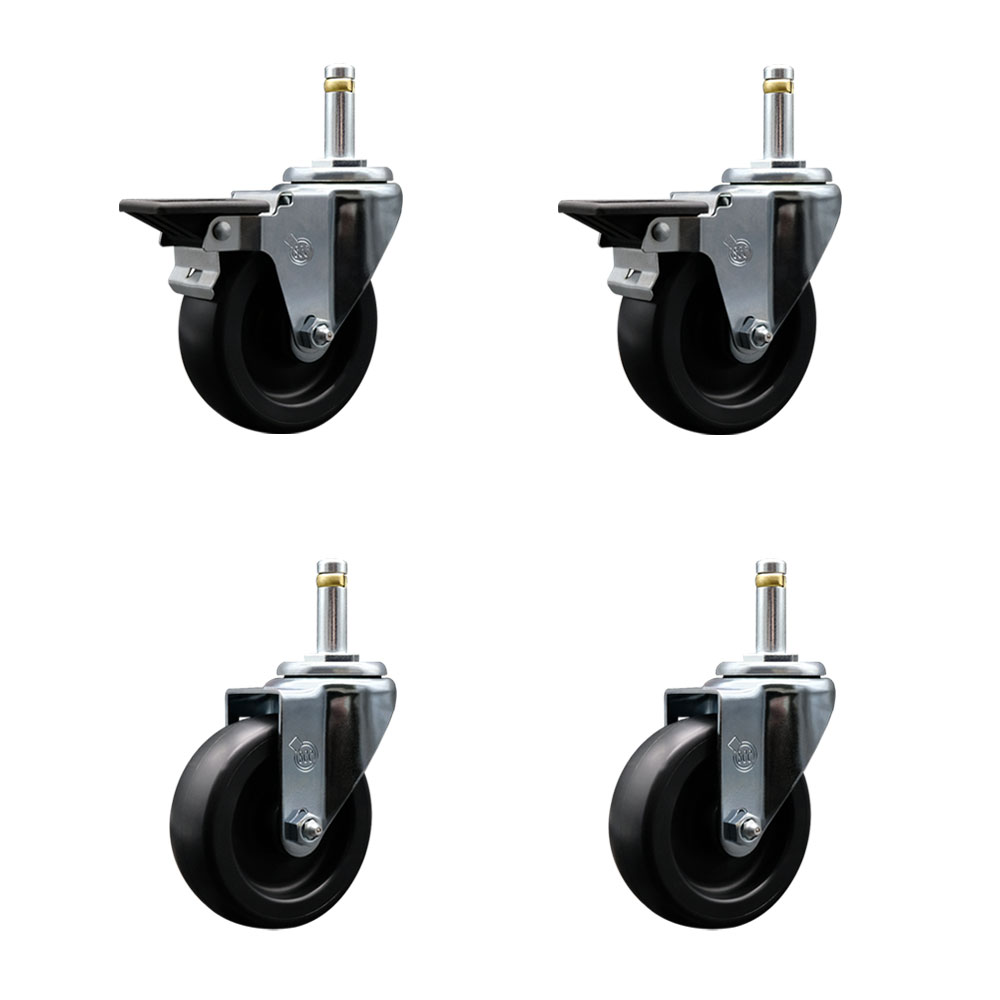 Polyolefin Swivel Grip Ring Stem Caster Wheels Set of 4 with 4 Inch Black Wheels and 7/16" Stems - Includes 2 with Posi Lock Brakes - 1400 lbs. Total Capacity - Service Caster Brand — photo 1