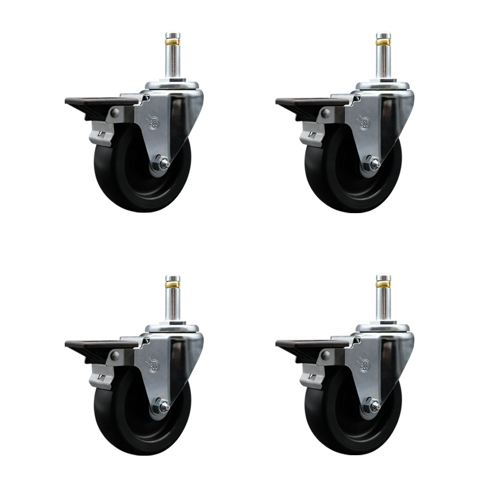 Polyolefin Swivel Grip Ring Stem Caster Wheels Set of 4 with 4 Inch Black Wheels and 7/16" Stems - Includes 4 with Posi Lock Brakes - 1400 lbs. Total Capacity - Service Caster Brand — photo 1