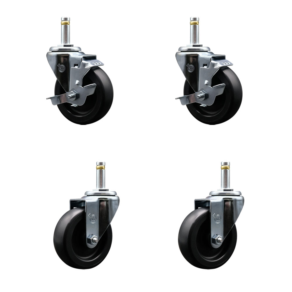 Polyolefin Swivel Grip Ring Stem Caster Wheels Set of 4 with 4 Inch Black Wheels and 7/16" Stems - Includes 2 with Top Lock Brakes - 1400 lbs. Total Capacity - Service Caster Brand — photo 1