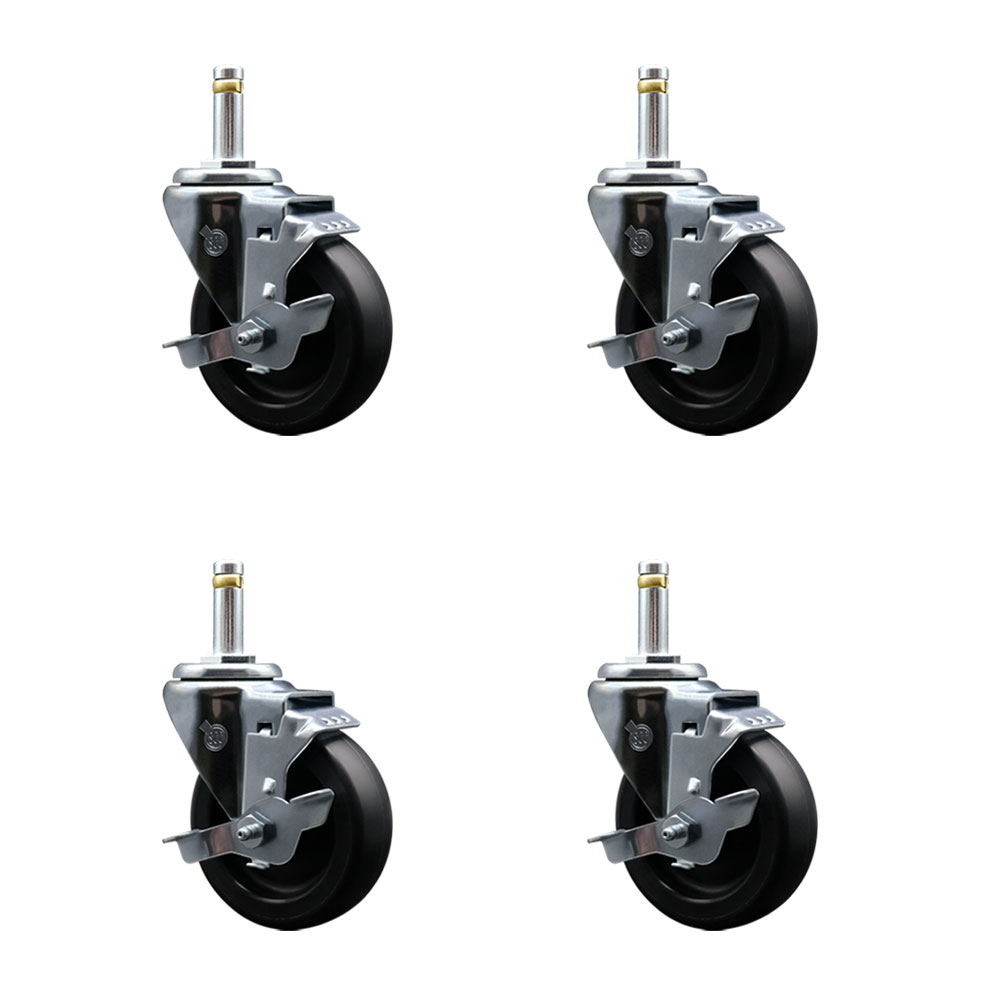 Polyolefin Swivel Grip Ring Stem Caster Wheels Set of 4 with 4 Inch Black Wheels and 7/16" Stems - Includes 4 with Top Lock Brakes - 1400 lbs. Total Capacity - Service Caster Brand — photo 1