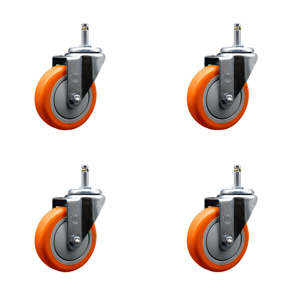 Polyurethane Swivel Grip Ring Stem Caster Set of 4 w/4" x 1.25" Orange Wheels and 7/16" Stems - Includes 4 Swivel - 1400 lbs Total Capacity - Service Caster Brand — photo 1
