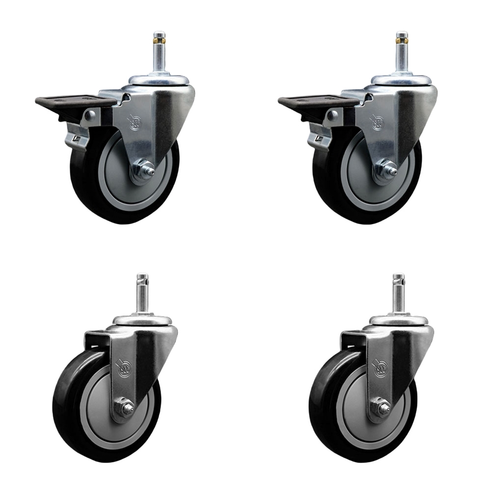 Polyurethane Swivel Grip Ring Stem Caster Set of 4 w/4" x 1.25"  Black Wheels and 7/16" Stems - Includes 2 with Posi Locking Brake - 1400 lbs Total Capacity - Service Caster Brand — photo 1