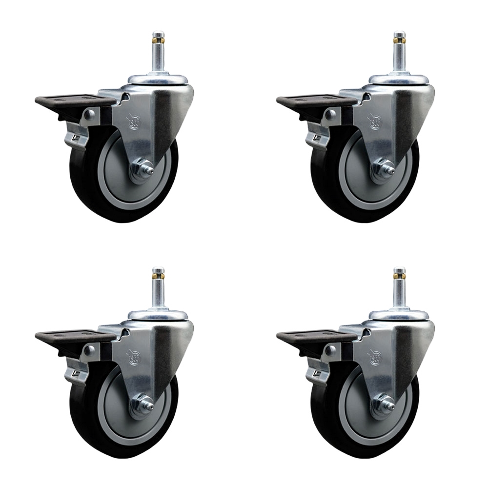 Polyurethane Swivel Grip Ring Stem Caster Set of 4 w/4" x 1.25" Black Wheels and 7/16" Stems - Includes 4 with Posi Lock Brakes - 1400 lbs Total Capacity - Service Caster Brand — photo 1