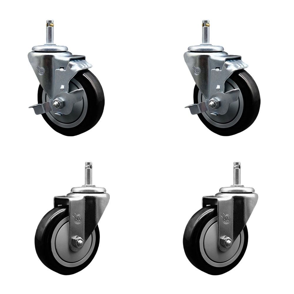 Polyurethane Swivel Grip Ring Stem Caster Set of 4 w/4" x 1.25"  Black Wheels and 7/16" Stems - Includes 2 with Top Locking Brake - 1400 lbs Total Capacity - Service Caster Brand — photo 1