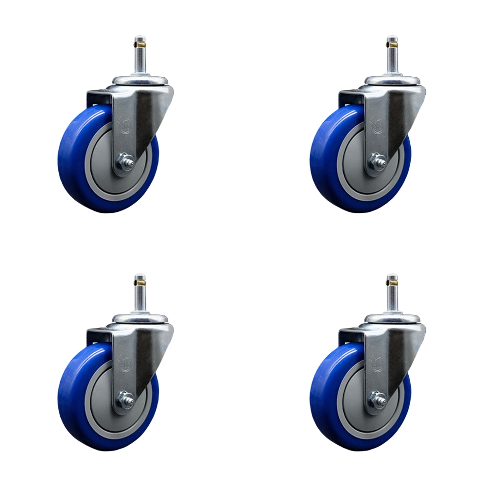 Polyurethane Swivel Grip Ring Stem Caster Set of 4 w/4" x 1.25" Blue Wheels and 7/16" Stems - Includes 4 Swivel - 1400 lbs Total Capacity - Service Caster Brand — photo 1