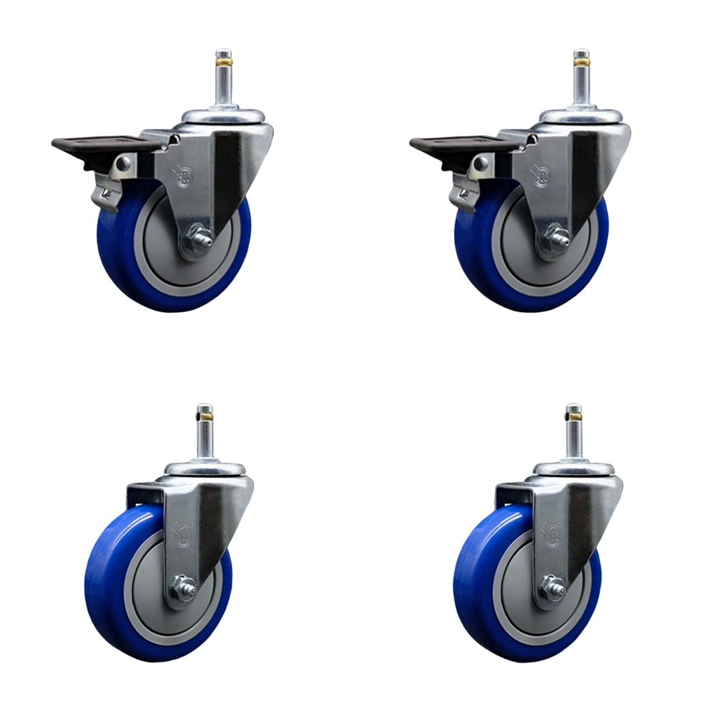 Polyurethane Swivel Grip Ring Stem Caster Set of 4 w/4" x 1.25"  Blue Wheels and 7/16" Stems - Includes 2 with Posi Locking Brake - 1400 lbs Total Capacity - Service Caster Brand — photo 1