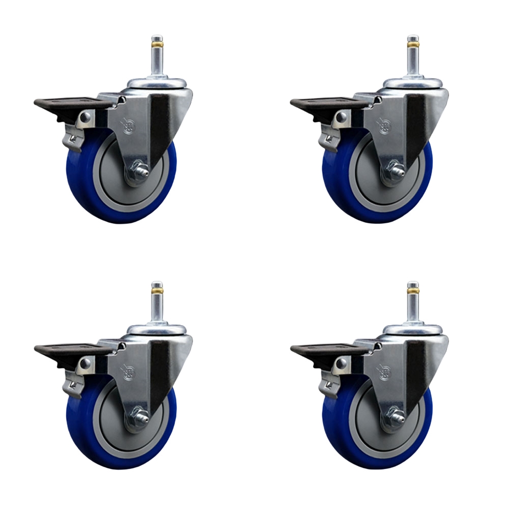 Polyurethane Swivel Grip Ring Stem Caster Set of 4 w/4" x 1.25" Blue Wheels and 7/16" Stems - Includes 4 with Posi Lock Brakes - 1400 lbs Total Capacity - Service Caster Brand — photo 1